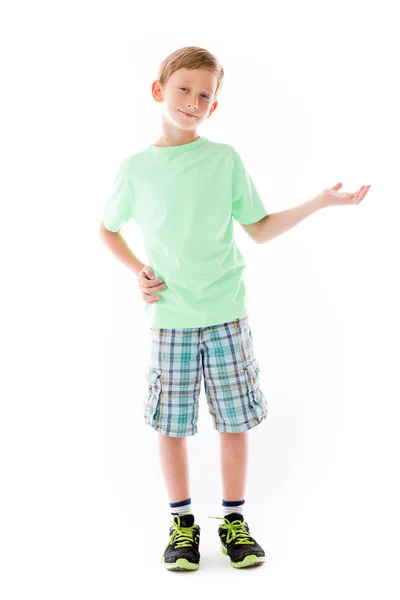 Boy presenting showcasing with hand — Stock Photo, Image