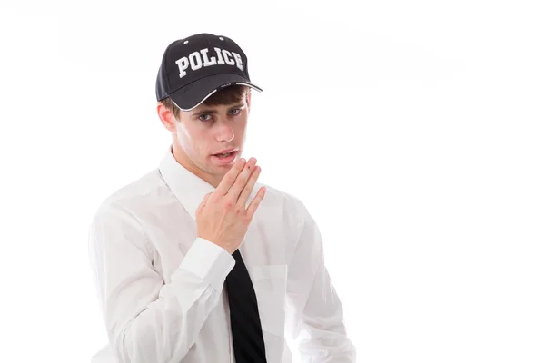 Policeman cover his mouth — Stock Photo, Image