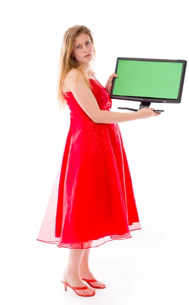 Model holding blank screen — Stock Photo, Image