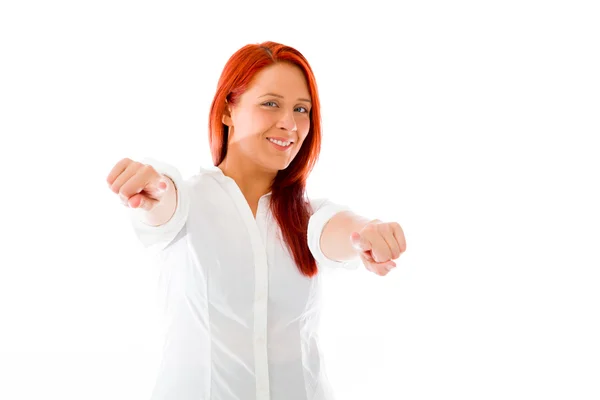 Model pointing to camera with fingers — Stock Photo, Image