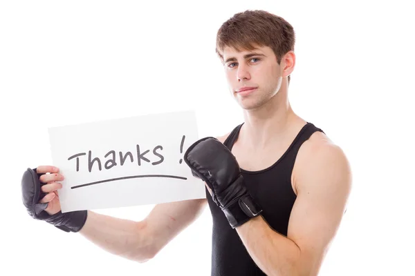 Model holding thanks a sign — Stock Photo, Image