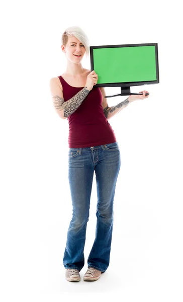 Woman holding blank screen — Stock Photo, Image