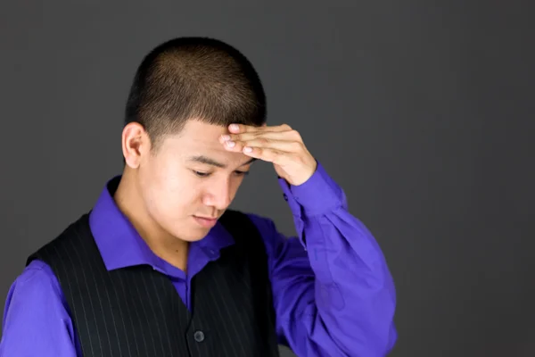 Model ashamed hiding face in hand — Stock Photo, Image