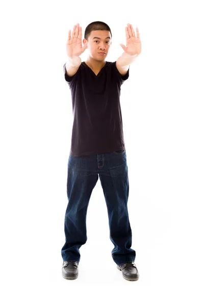 Model gesturing  stop sign with hands — Stock Photo, Image