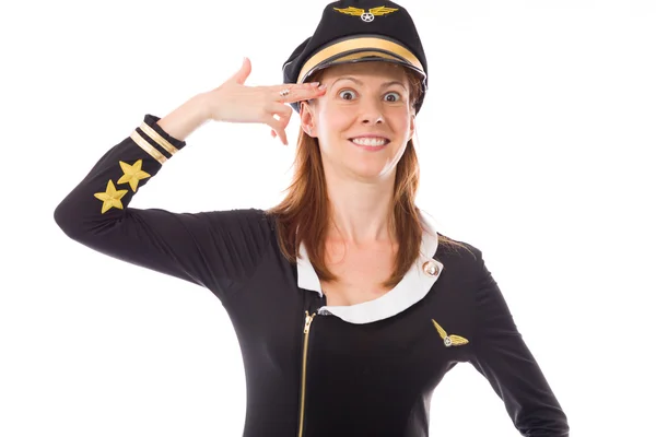 Stewardess mit Handfeuergeste — Stockfoto