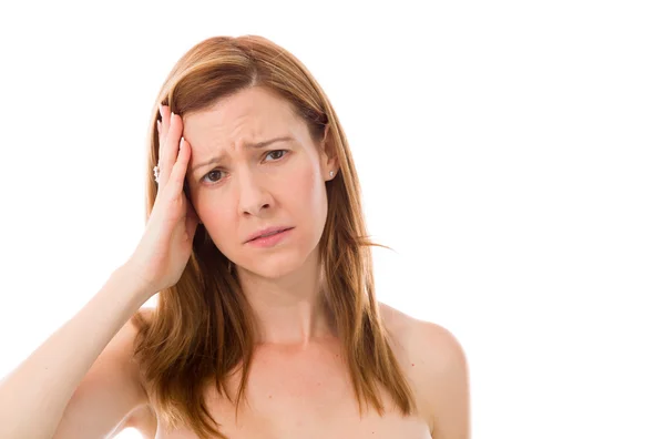 Woman confused headache — Stock Photo, Image