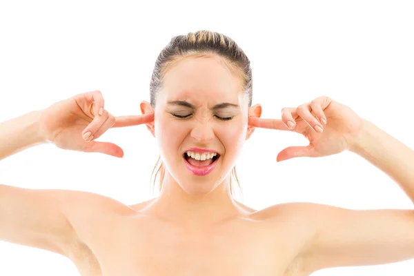 Model plugging ears with fingers — Stock Photo, Image