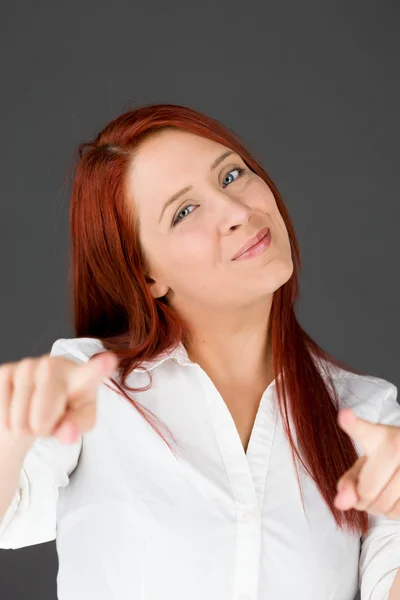 Model pointing to camera by fingers — Stock Photo, Image