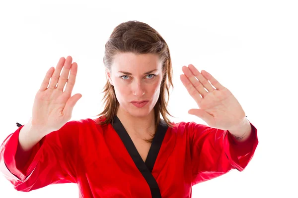 Modello gesturing stop sign con le mani — Foto Stock