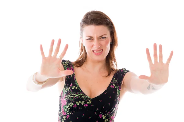 Modello gesturing stop sign con le mani — Foto Stock