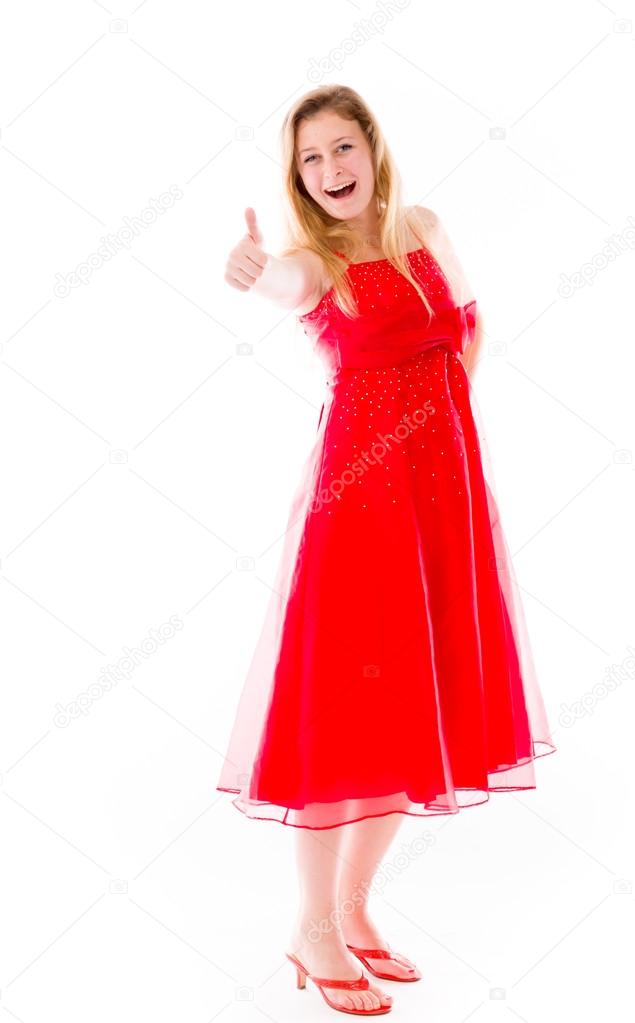 Model gesturing thumb up sign