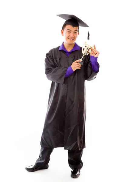 Model isolated on white holding a trophee — Stock Photo, Image