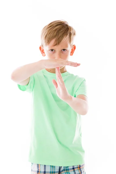 Jongen gebaren pauze teken — Stockfoto