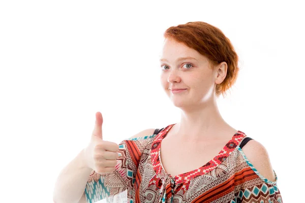 Model gesturing thumb up sign — Stock Photo, Image