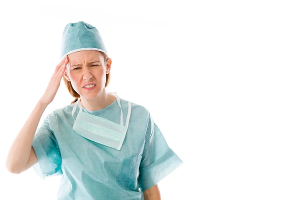 Female doctor confused headache — Stock Photo, Image