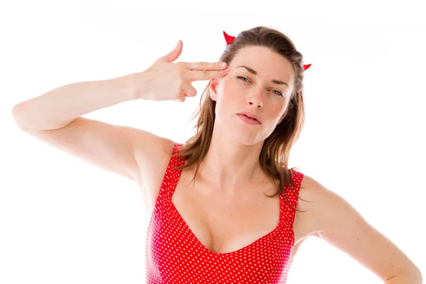 Model with hand gun gesture — Stock Photo, Image