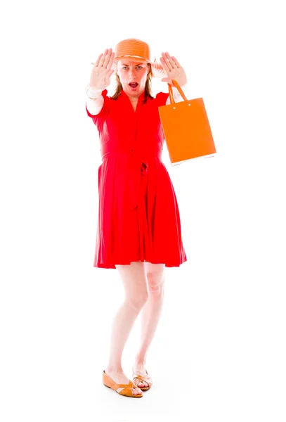 Model gesturing stop sign with hands — Stock Photo, Image