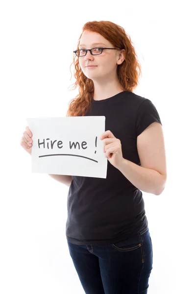Model holding hire me sign — Stock Photo, Image