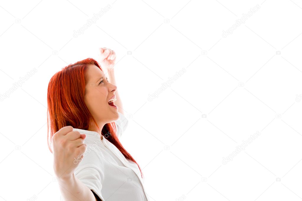 Model  screaming with fists up