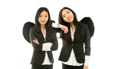 Multiple image representing angel sides of a young Asian businesswoman isolated on white background