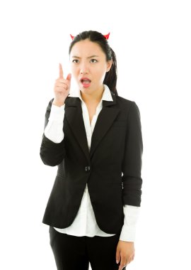 Devil side of a young Asian businesswoman scolding somebody isolated on white background