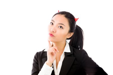Devil side of a young Asian businesswoman thinking with finger on chin isolated on white background