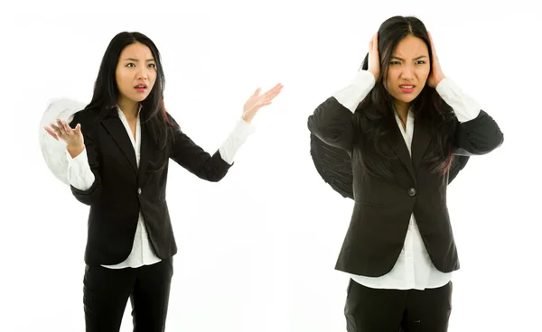 Asiatico giovane donna vestita come diavolo rimprovero ad un altro isolato su sfondo bianco — Foto Stock