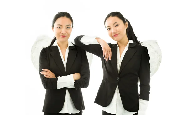 Multiple image representing angel sides of a young Asian businesswoman isolated on white background Telifsiz Stok Fotoğraflar