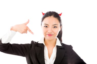 Devil side of a young Asian businesswoman pointing herself isolated on white background
