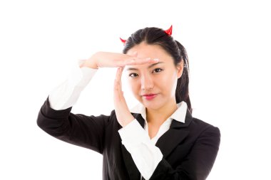 Devil side of a young Asian businesswoman making time out signal with hands isolated on white background