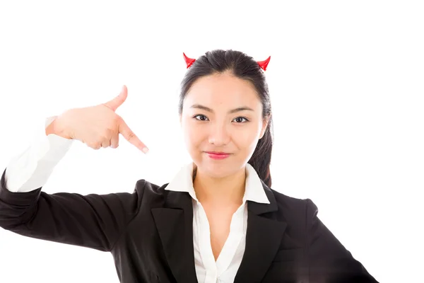 Devil side of a young Asian businesswoman pointing herself isolated on white background — Stockfoto