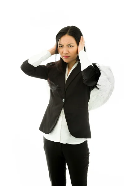 Asian young businesswoman dressed up as an angel hear no evil isolated on white background — Zdjęcie stockowe