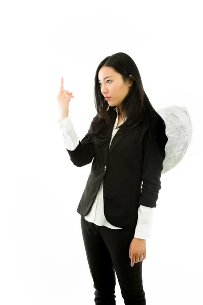 Asiático jovem empresária vestida como um anjo apontando para cima isolado no fundo branco — Fotografia de Stock