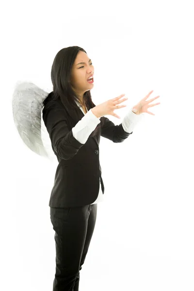 Asiática jovem empresária vestida como um anjo estrangulando isolado no fundo branco — Fotografia de Stock