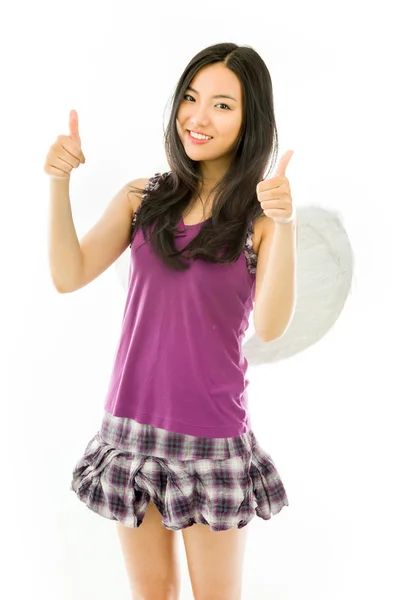 Asian young woman dressed up as an angel with showing thumb up sign with both hands isolated on white background — Stock Photo, Image