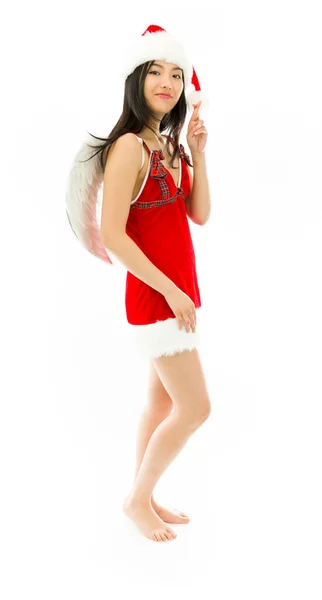 Asian young woman wearing Santa costume dressed up as an angel showing her fingers crossed — Φωτογραφία Αρχείου