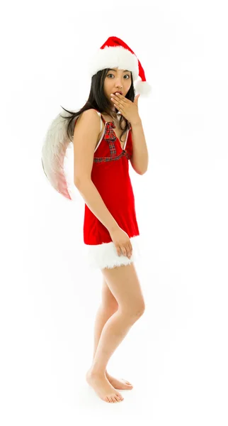 Chocado ásia jovem mulher vestindo Santa traje vestido até como um anjo isolado no branco fundo — Fotografia de Stock