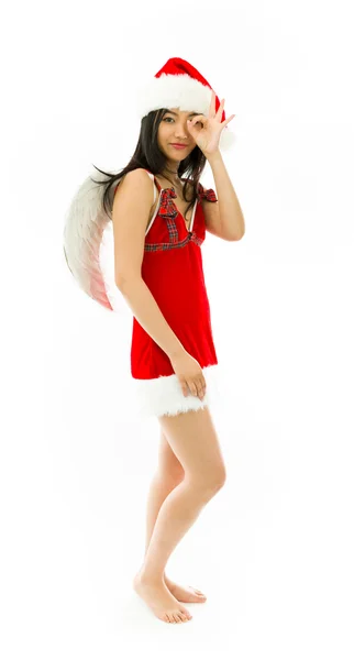 Asian young woman wearing Santa costume dressed up as an angel showing OK sign isolated on white background — Zdjęcie stockowe