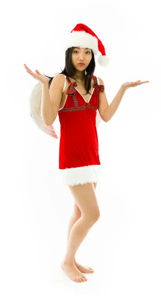 Asiatische junge Frau trägt Weihnachtsmann Kostüm verkleidet als Engel weiß nicht, was zu tun isoliert auf weißem Hintergrund — Stockfoto