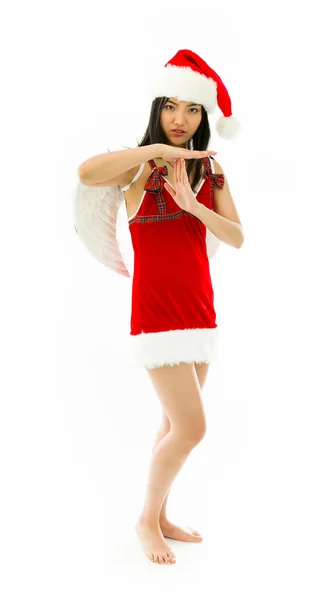 Asian young woman wearing Santa costume dressed up as an angel making time out signal with hands isolated on white background — Zdjęcie stockowe