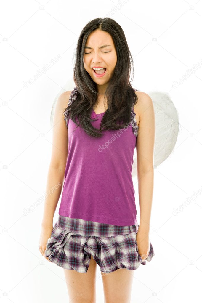 Asian young woman dressed up as an angel with shouting in excitement isolated on white background