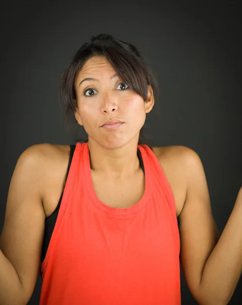 Clueless young woman gesturing dont know what to do — Stock Photo, Image