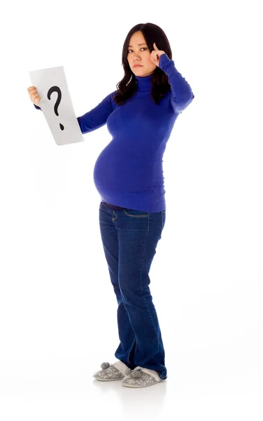 Zwangere vrouw met vraagteken op teken — Stockfoto