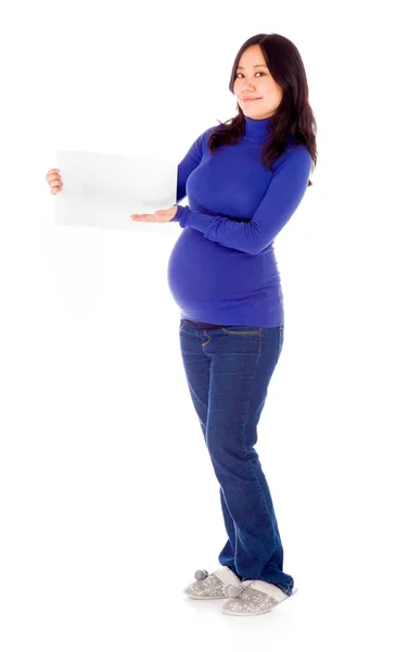 Donna incinta con un segno in bianco — Foto Stock