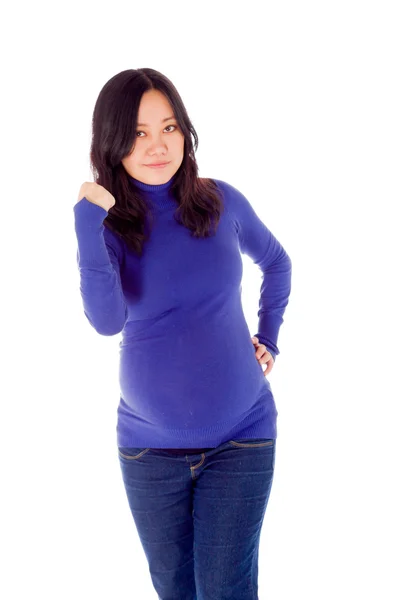 Kobieta w ciąży wyświetlone pięści na siłę — Zdjęcie stockowe