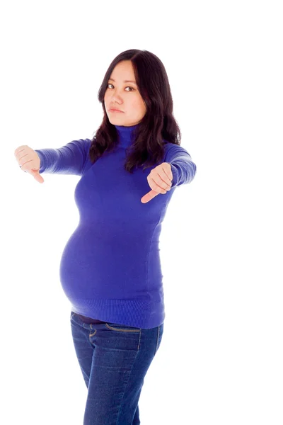 Zwangere vrouw gebaren duim omlaag — Stockfoto