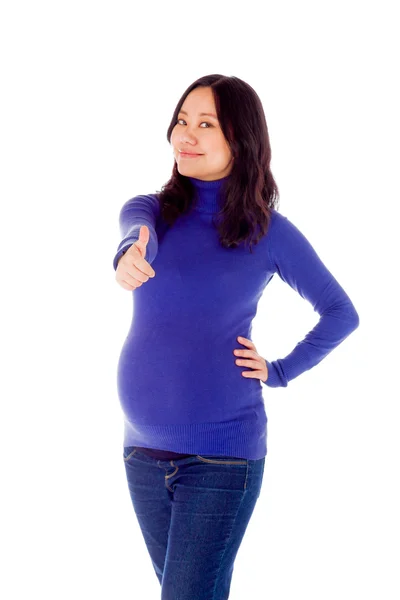 Těhotná žena směřují palec nahoru znamení — Stock fotografie