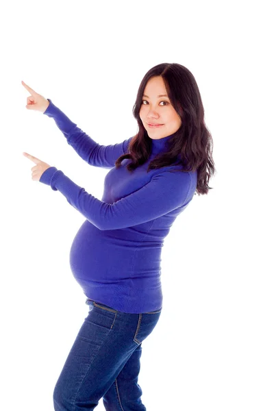 Pregnant woman pointing left — Stock Photo, Image