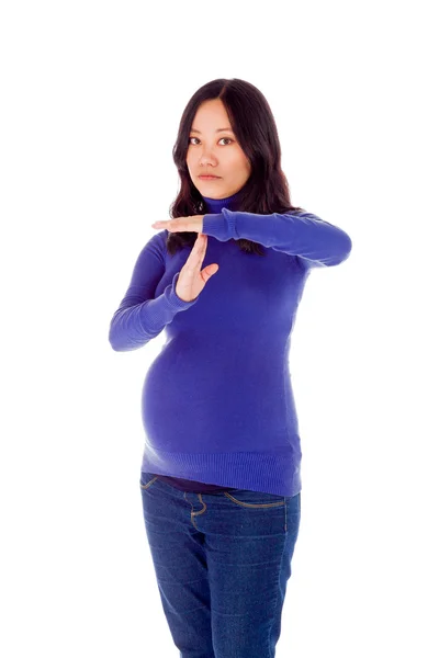 Zwangere vrouw gebaren pauze teken — Stockfoto