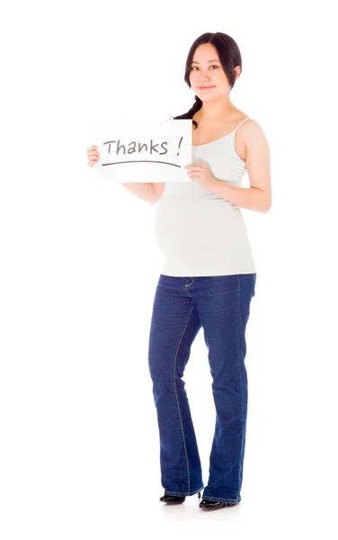 Mulher grávida segurando sinal de agradecimento — Fotografia de Stock